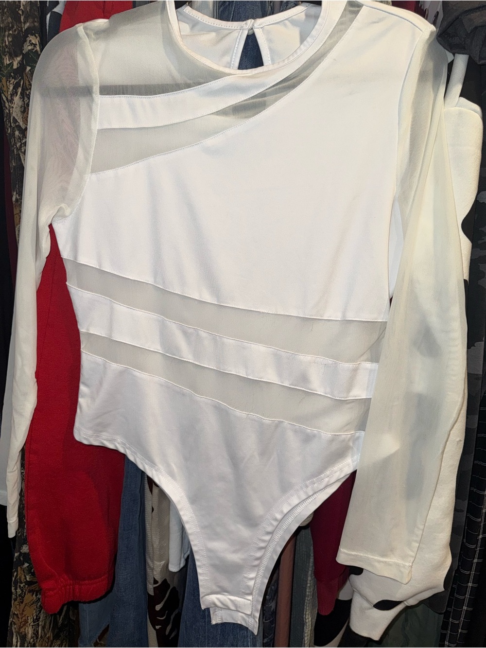 White Sheer-Panel Long Sleeve Bodysuit